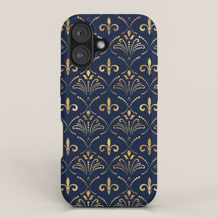 Elegant Fleur-de-lis pattern - Gold and deep blue iPhone Case Gallery Image 1