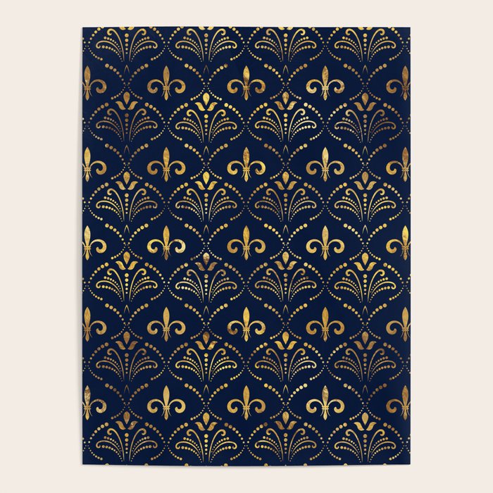 Elegant Fleur-de-lis pattern - Gold and deep blue Poster Gallery Image 1