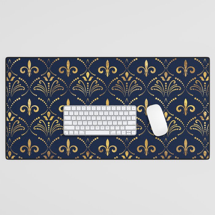 Elegant Fleur-de-lis pattern - Gold and deep blue Desk Mat Gallery Image 1