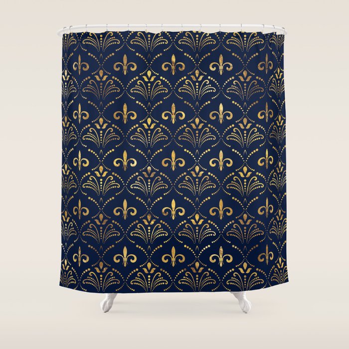 Elegant Fleur-de-lis pattern - Gold and deep blue Shower Curtain Gallery Image 1