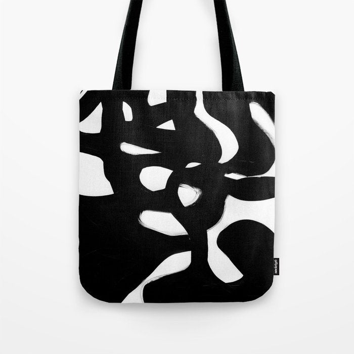 Maze Black & White Minimalist Abstract Mid century Ink Art Dark Brush Strokes Tote Bag Gallery Image 1