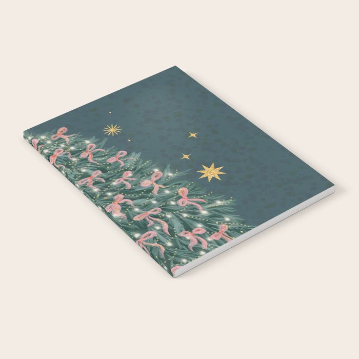 Elegant Christmas Tree with Pink Bows and Golden Stars on Deep Teal Notebook Gallery Image 1