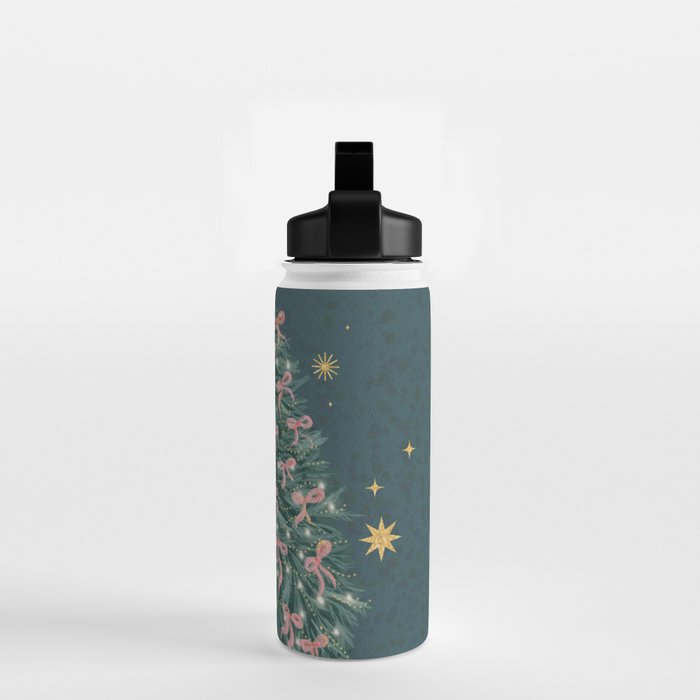 Elegant Christmas Tree with Pink Bows and Golden Stars on Deep Teal Water Bottle Gallery Image 2