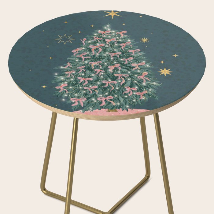 Elegant Christmas Tree with Pink Bows and Golden Stars on Deep Teal Side Table Gallery Image 2