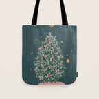 Elegant Christmas Tree with Pink Bows and Golden Stars on Deep Teal Tote Bag Gallery Image 1