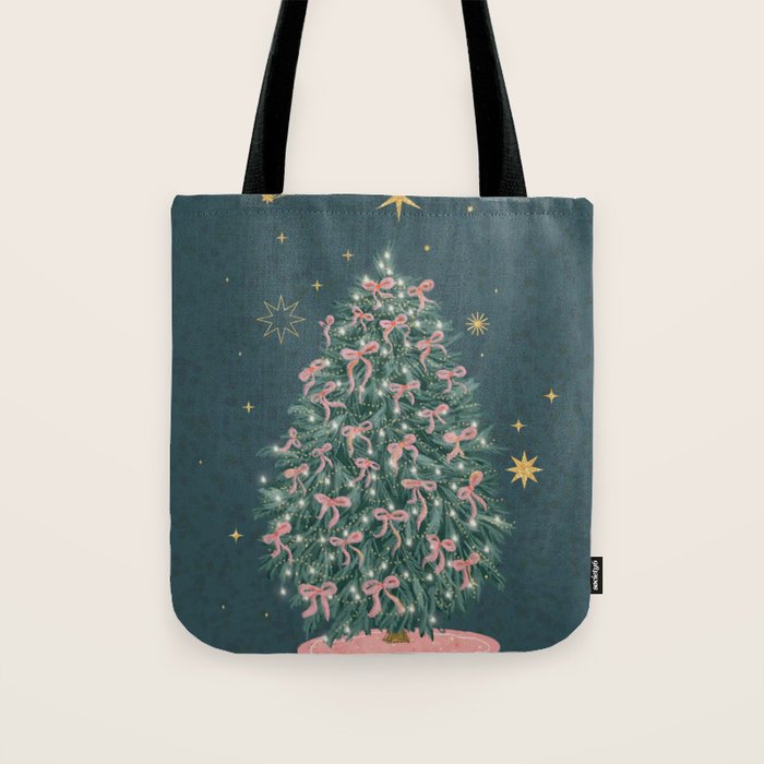 Elegant Christmas Tree with Pink Bows and Golden Stars on Deep Teal Tote Bag Gallery Image 1