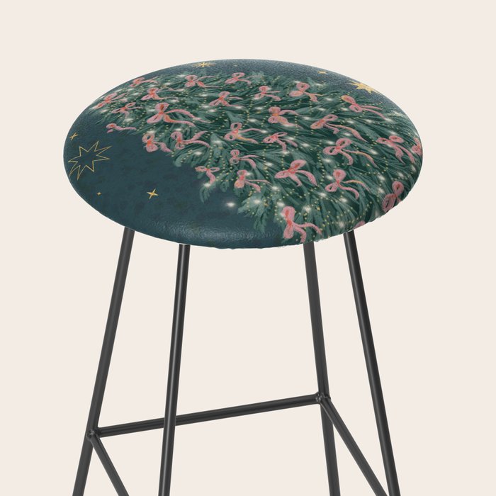 Elegant Christmas Tree with Pink Bows and Golden Stars on Deep Teal Stool Gallery Image 2
