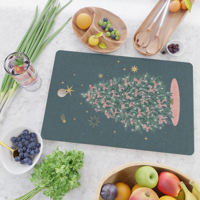 Elegant Christmas Tree with Pink Bows and Golden Stars on Deep Teal Cutting Board Gallery Image 2