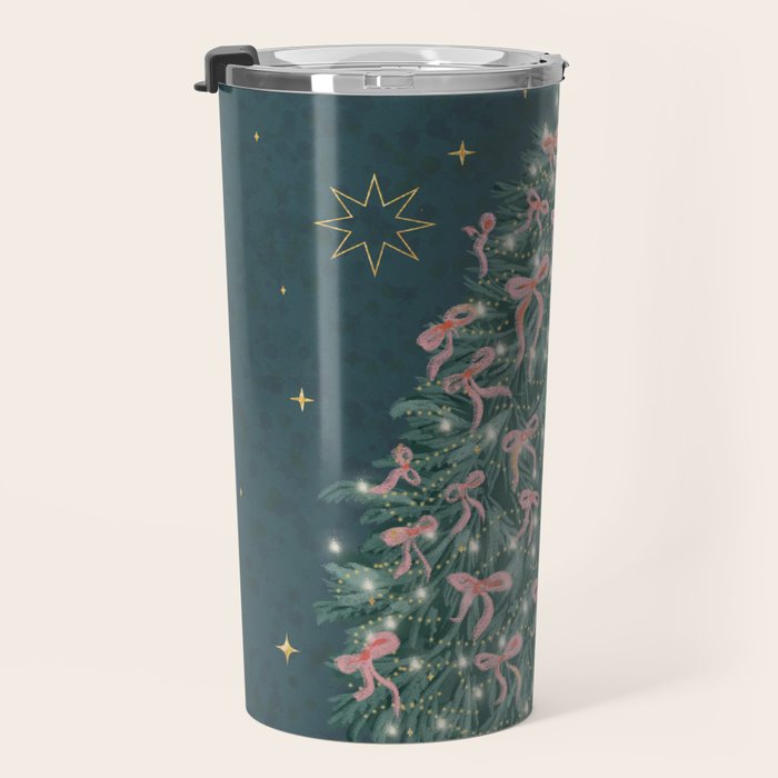 Elegant Christmas Tree with Pink Bows and Golden Stars on Deep Teal Travel Mug Gallery Image 3