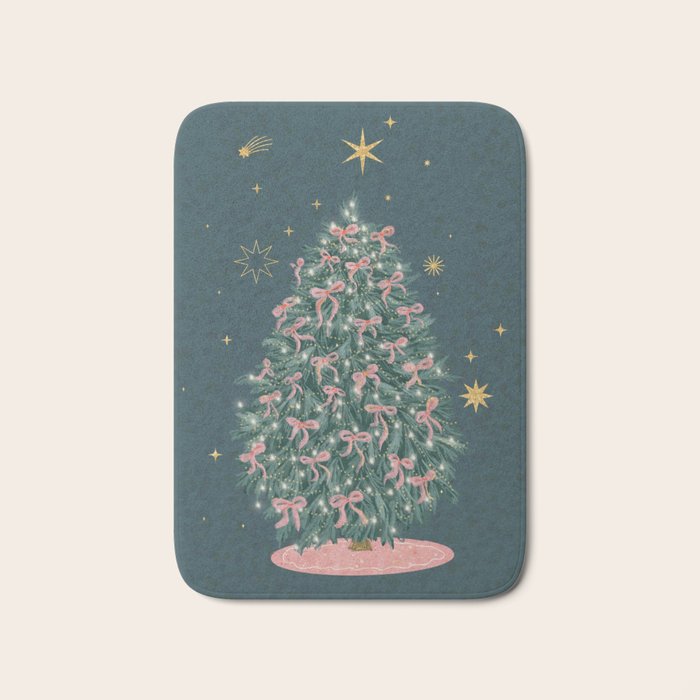 Elegant Christmas Tree with Pink Bows and Golden Stars on Deep Teal Bath Mat Gallery Image 1