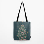 Elegant Christmas Tree with Pink Bows and Golden Stars on Deep Teal Tote Bag Gallery Image 2