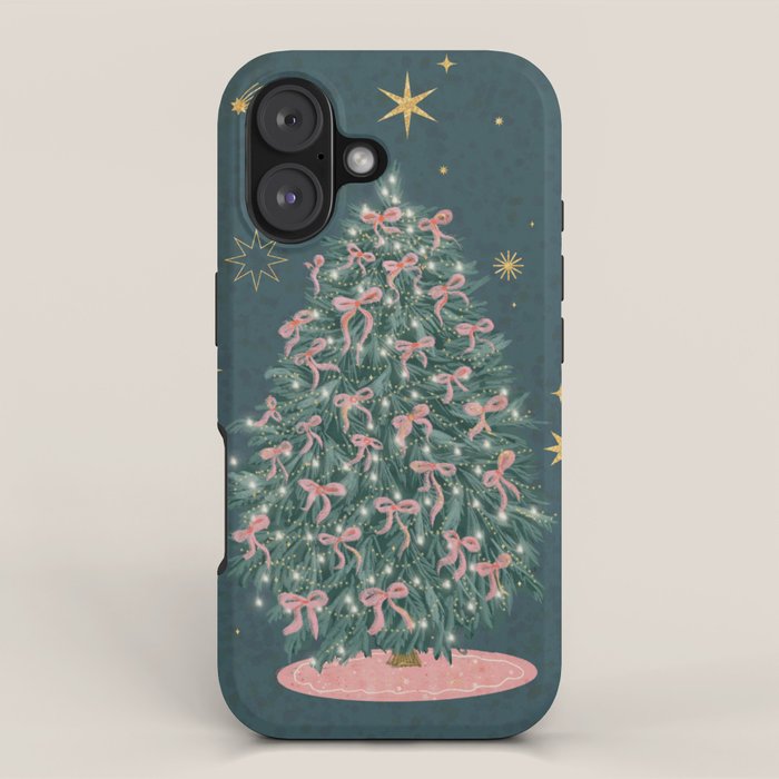 Elegant Christmas Tree with Pink Bows and Golden Stars on Deep Teal iPhone Case Gallery Image 1