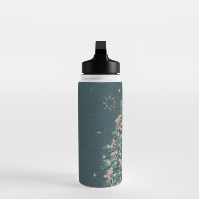 Elegant Christmas Tree with Pink Bows and Golden Stars on Deep Teal Water Bottle Gallery Image 3