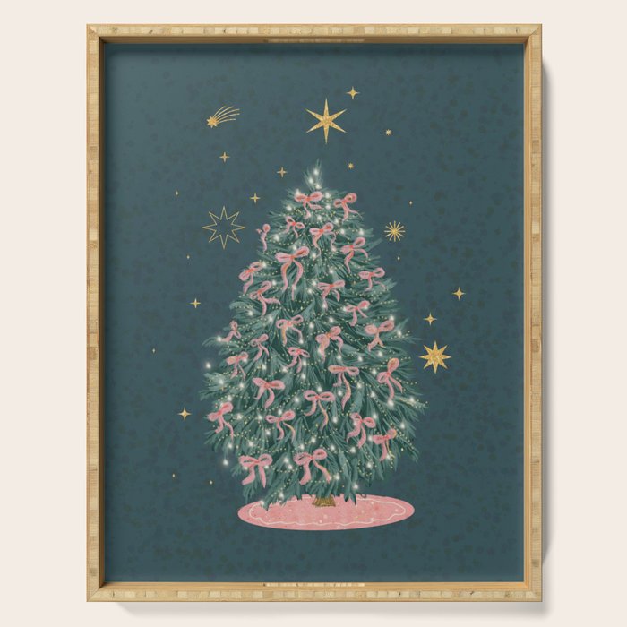 Elegant Christmas Tree with Pink Bows and Golden Stars on Deep Teal Serving Tray Gallery Image 1