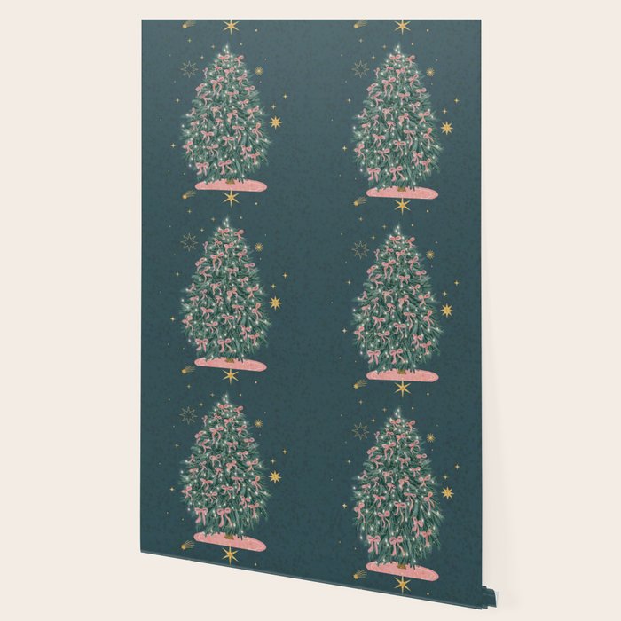Elegant Christmas Tree with Pink Bows and Golden Stars on Deep Teal Wallpaper Gallery Image 2