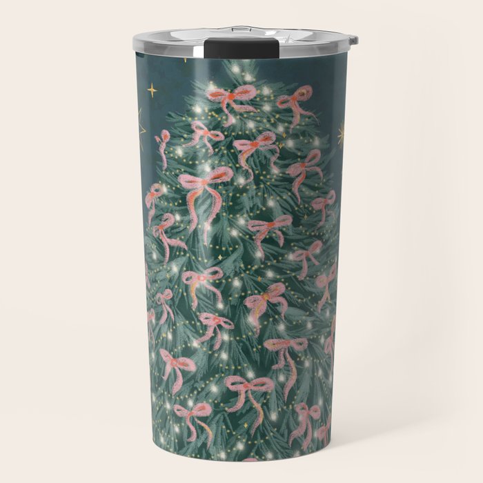 Elegant Christmas Tree with Pink Bows and Golden Stars on Deep Teal Travel Mug Gallery Image 1