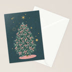 Elegant Christmas Tree with Pink Bows and Golden Stars on Deep Teal Stationery Card Gallery Image 2