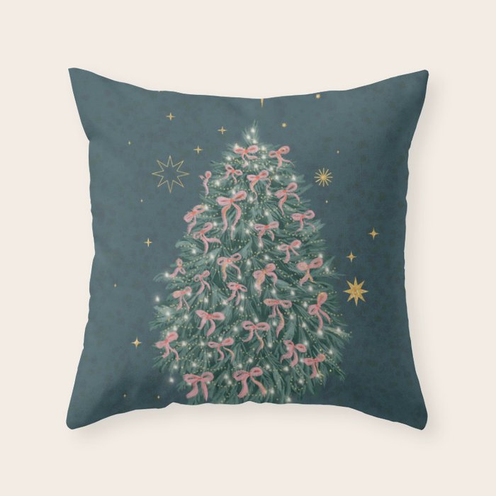 Elegant Christmas Tree with Pink Bows and Golden Stars on Deep Teal Throw Pillow Gallery Image 1