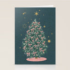 Elegant Christmas Tree with Pink Bows and Golden Stars on Deep Teal Stationery Card Gallery Image 2