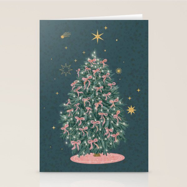 Elegant Christmas Tree with Pink Bows and Golden Stars on Deep Teal Stationery Card Gallery Image 2