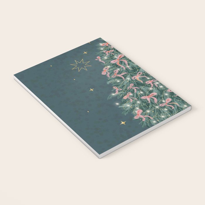 Elegant Christmas Tree with Pink Bows and Golden Stars on Deep Teal Notebook Gallery Image 3