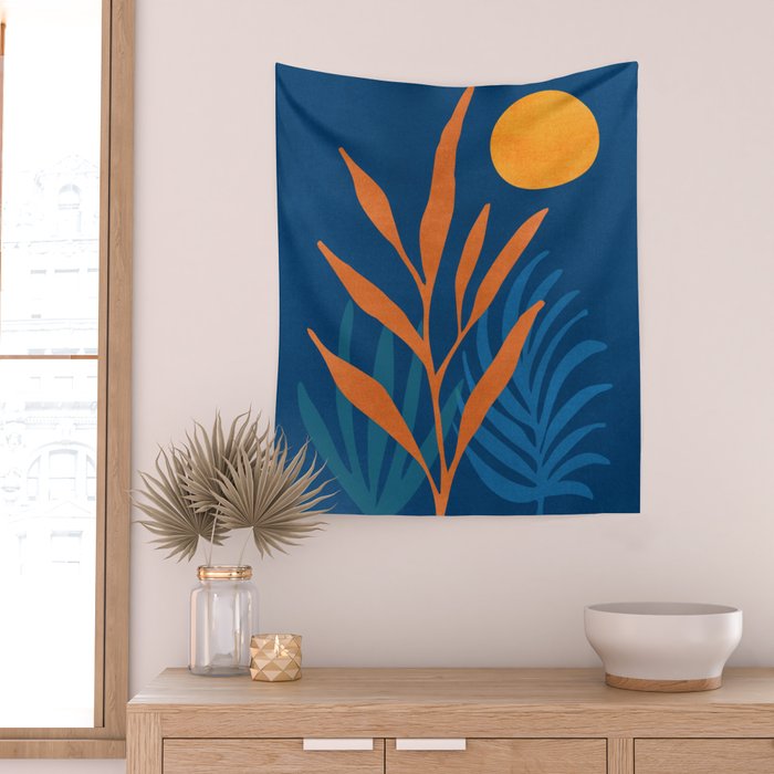 Super Moon Landscape in Blue and Orange Wall Tapestry Gallery Image 2