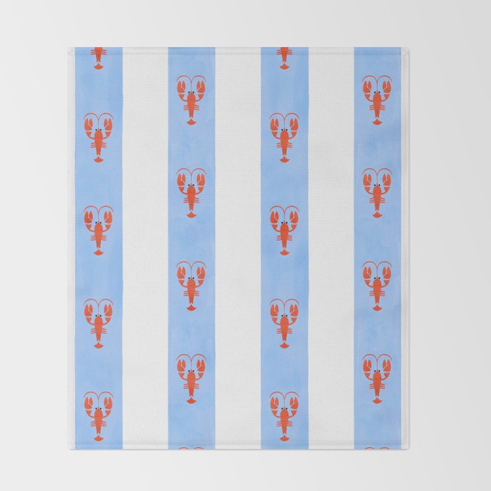 Red Lobsters On Hand-Painted Bright Blue Stripes Throw Blanket Gallery Image 2