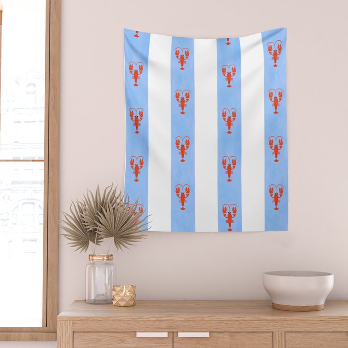 Red Lobsters On Hand-Painted Bright Blue Stripes Wall Tapestry Gallery Image 2