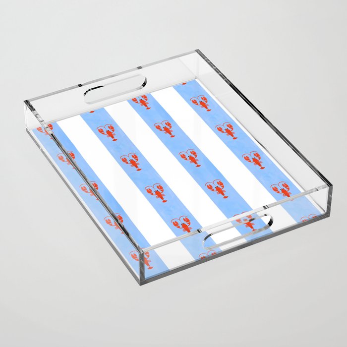 Red Lobsters On Hand-Painted Bright Blue Stripes Acrylic Tray Gallery Image 1