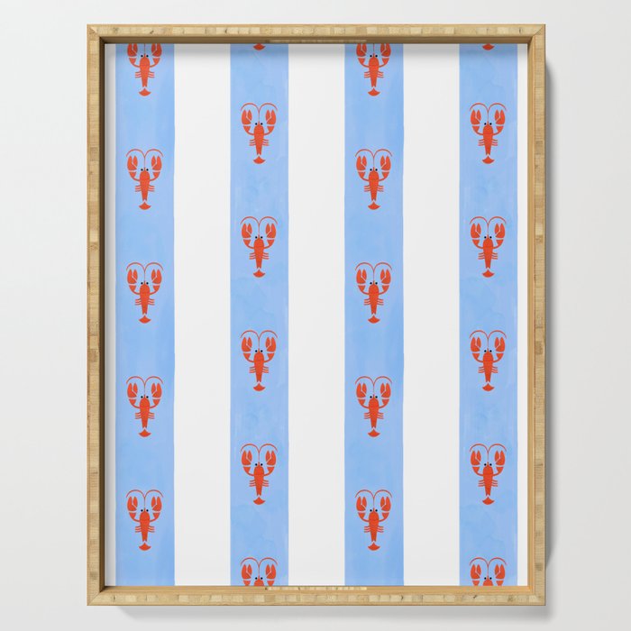 Red Lobsters On Hand-Painted Bright Blue Stripes Serving Tray Gallery Image 1