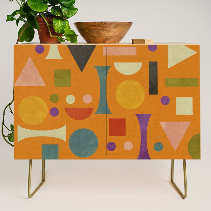 Retro Bauhaus geometric shapes on orange Credenza Gallery Image 1