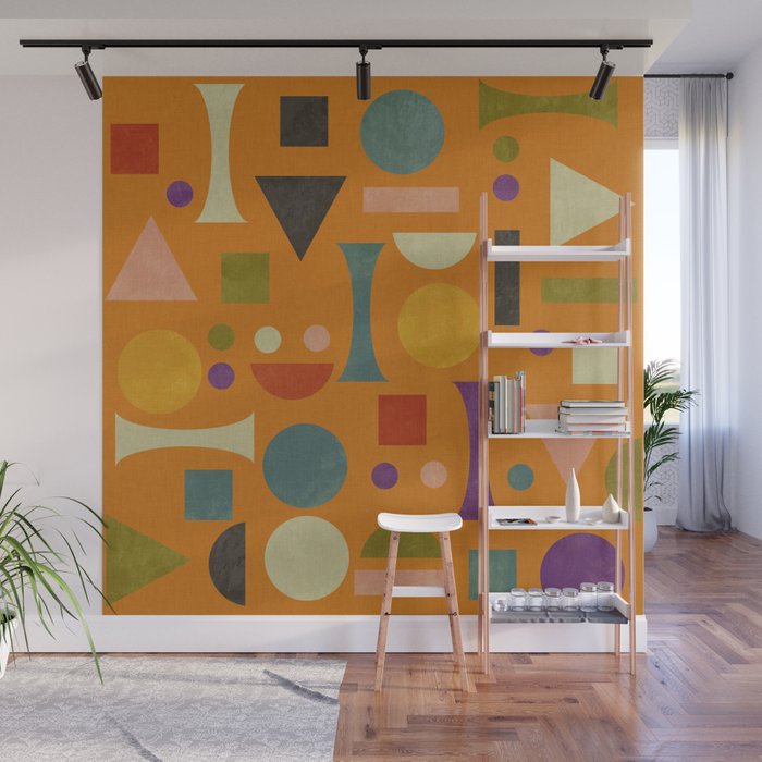 Retro Bauhaus geometric shapes on orange Wall Mural Gallery Image 1