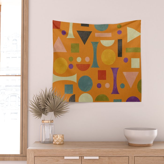 Retro Bauhaus geometric shapes on orange Wall Tapestry Gallery Image 2