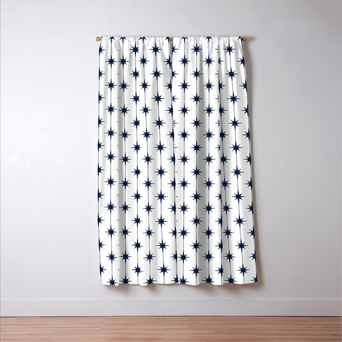 Midcentury Stars and Dots Nautical Navy Blue and White Pattern Window Curtain Gallery Image 3