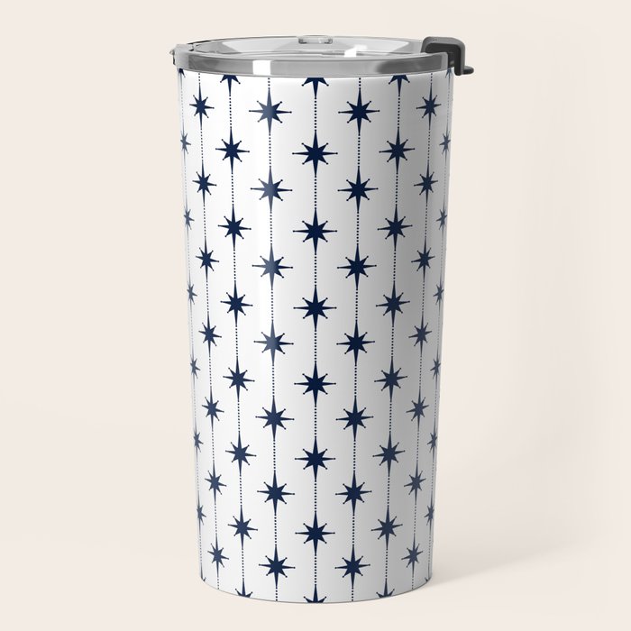 Midcentury Stars and Dots Nautical Navy Blue and White Pattern Travel Mug Gallery Image 2