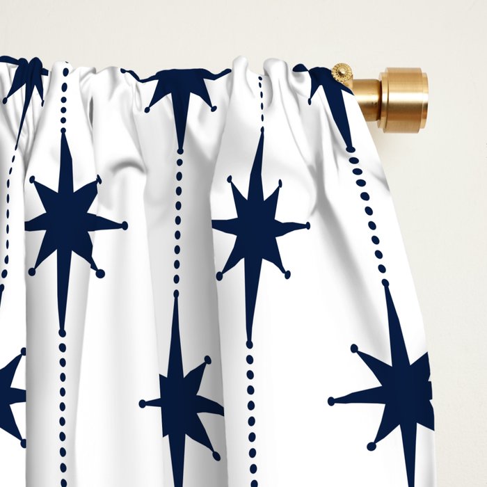 Midcentury Stars and Dots Nautical Navy Blue and White Pattern Window Curtain Gallery Image 2