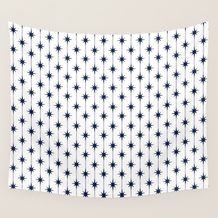 Midcentury Stars and Dots Nautical Navy Blue and White Pattern Wall Tapestry Gallery Image 4