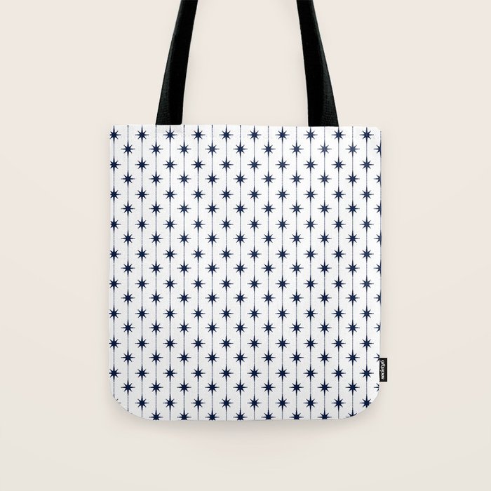 Midcentury Stars and Dots Nautical Navy Blue and White Pattern Tote Bag Gallery Image 1