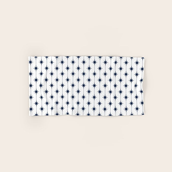 Midcentury Stars and Dots Nautical Navy Blue and White Pattern Bath Towel Gallery Image 1