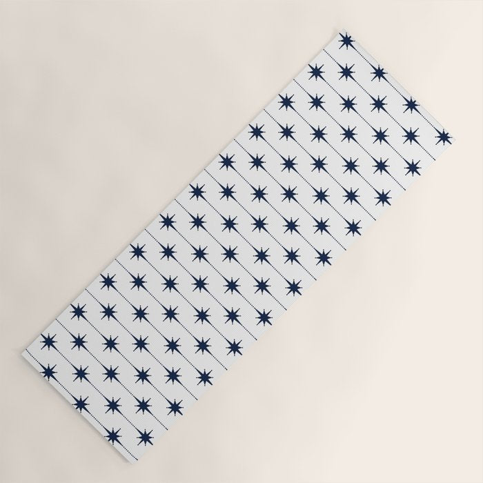 Midcentury Stars and Dots Nautical Navy Blue and White Pattern Yoga Mat Gallery Image 1