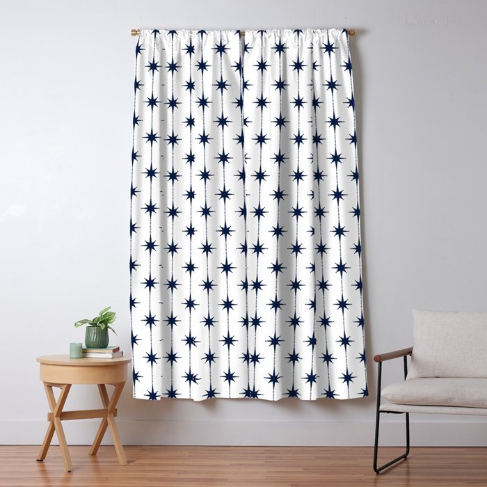 Midcentury Stars and Dots Nautical Navy Blue and White Pattern Window Curtain Gallery Image 1