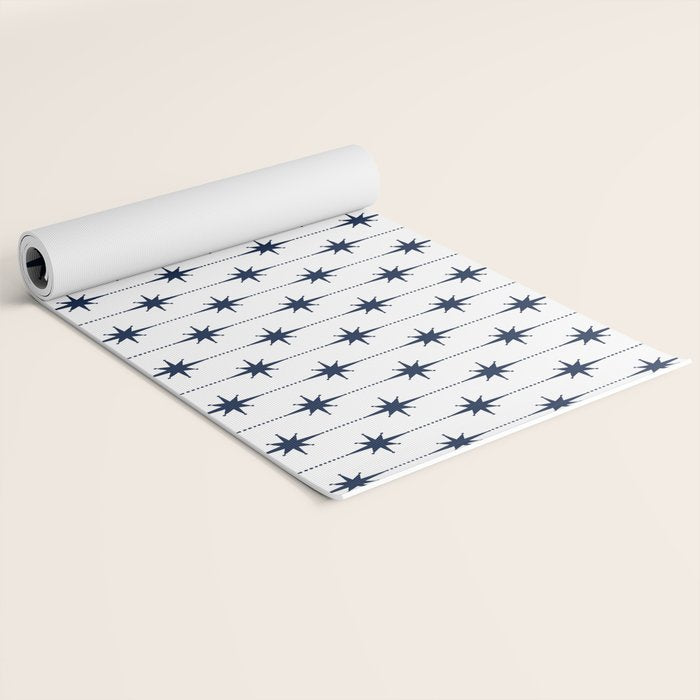 Midcentury Stars and Dots Nautical Navy Blue and White Pattern Yoga Mat Gallery Image 2