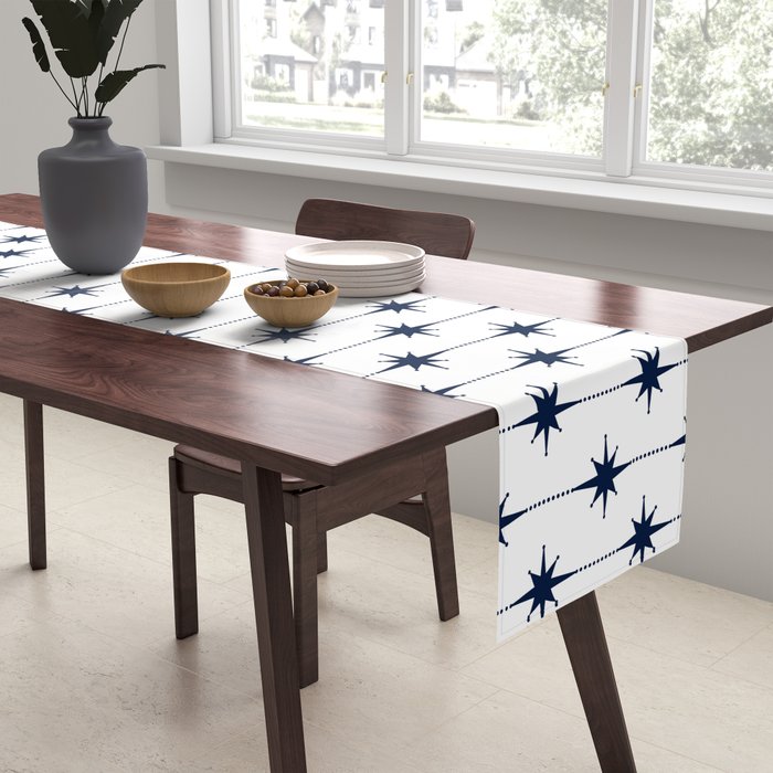 Midcentury Stars and Dots Nautical Navy Blue and White Pattern Table Runner Gallery Image 2