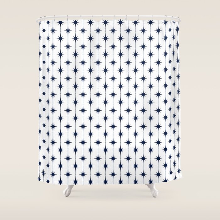 Midcentury Stars and Dots Nautical Navy Blue and White Pattern Shower Curtain Gallery Image 1