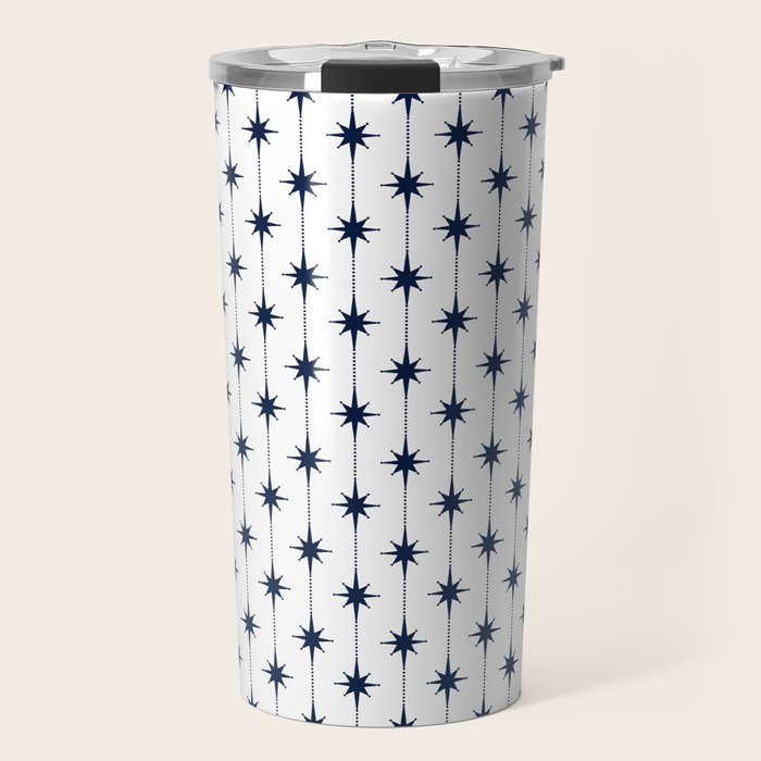 Midcentury Stars and Dots Nautical Navy Blue and White Pattern Travel Mug Gallery Image 1