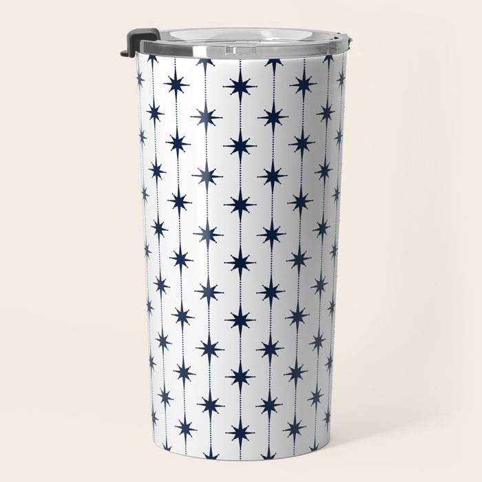 Midcentury Stars and Dots Nautical Navy Blue and White Pattern Travel Mug Gallery Image 3