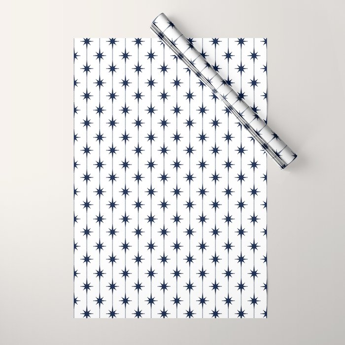 Midcentury Stars and Dots Nautical Navy Blue and White Pattern Wrapping Paper Gallery Image 1