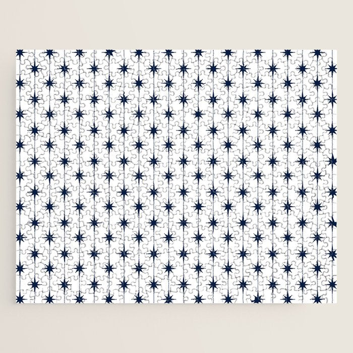 Midcentury Stars and Dots Nautical Navy Blue and White Pattern Jigsaw Puzzle Gallery Image 1