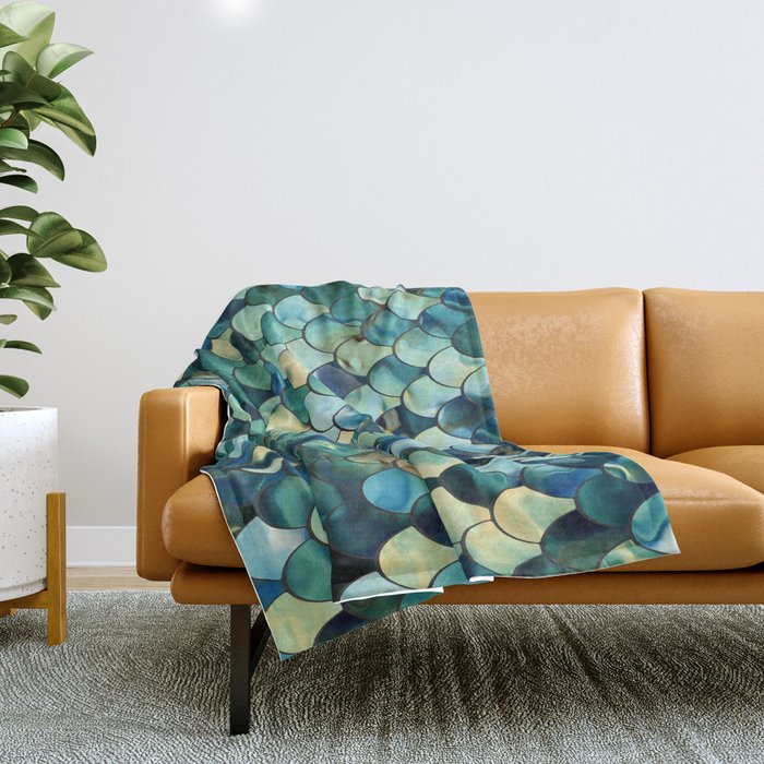Mermaid Art, Sea Green, Ocean Blue Throw Blanket Gallery Image 1