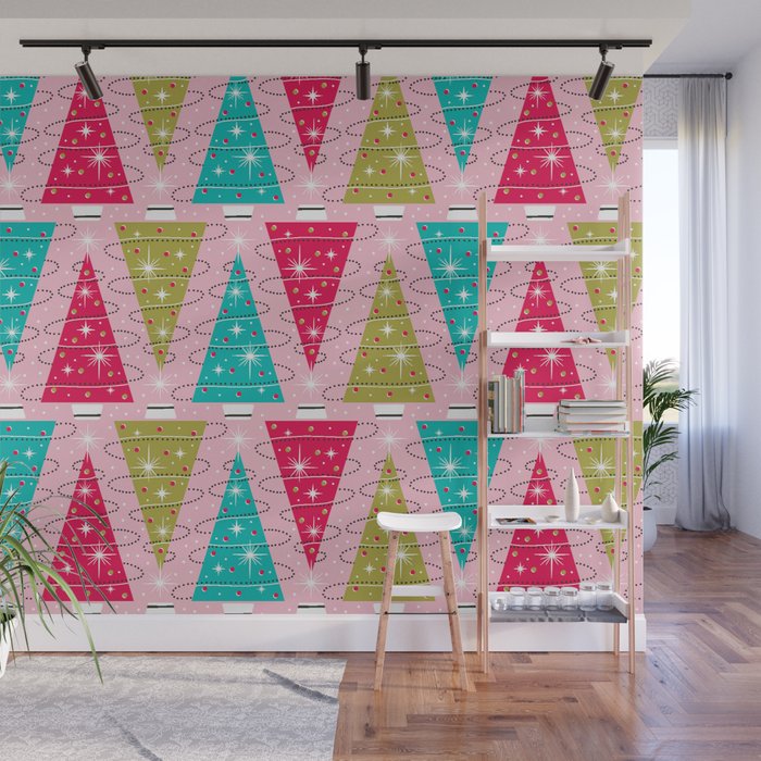 Christmas Tree Trimming Party Pink Wall Mural Gallery Image 1